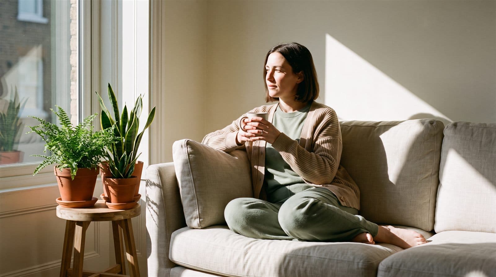 Someone relaxing at home with a cup of tea — no pressure